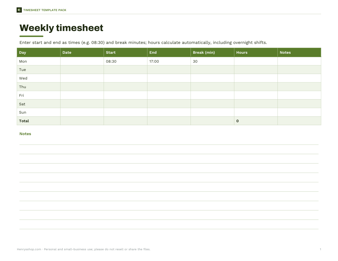 Preview of the first page of Weekly timesheet (XLSX)