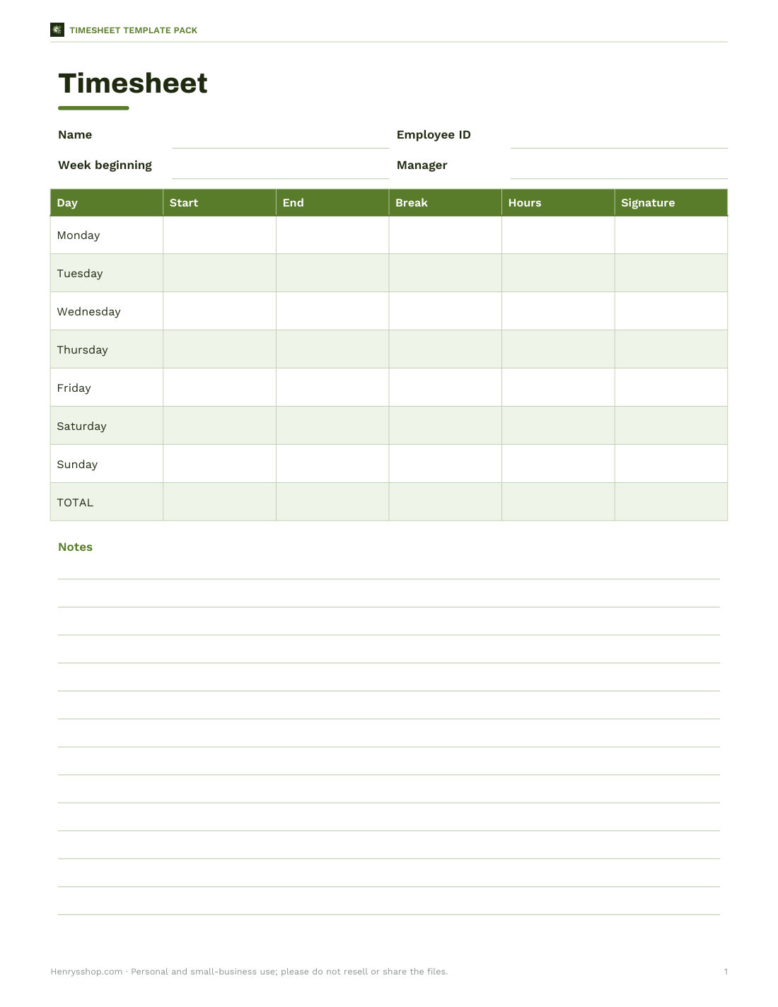 Preview of the first page of Printable timesheet (PDF/DOCX)